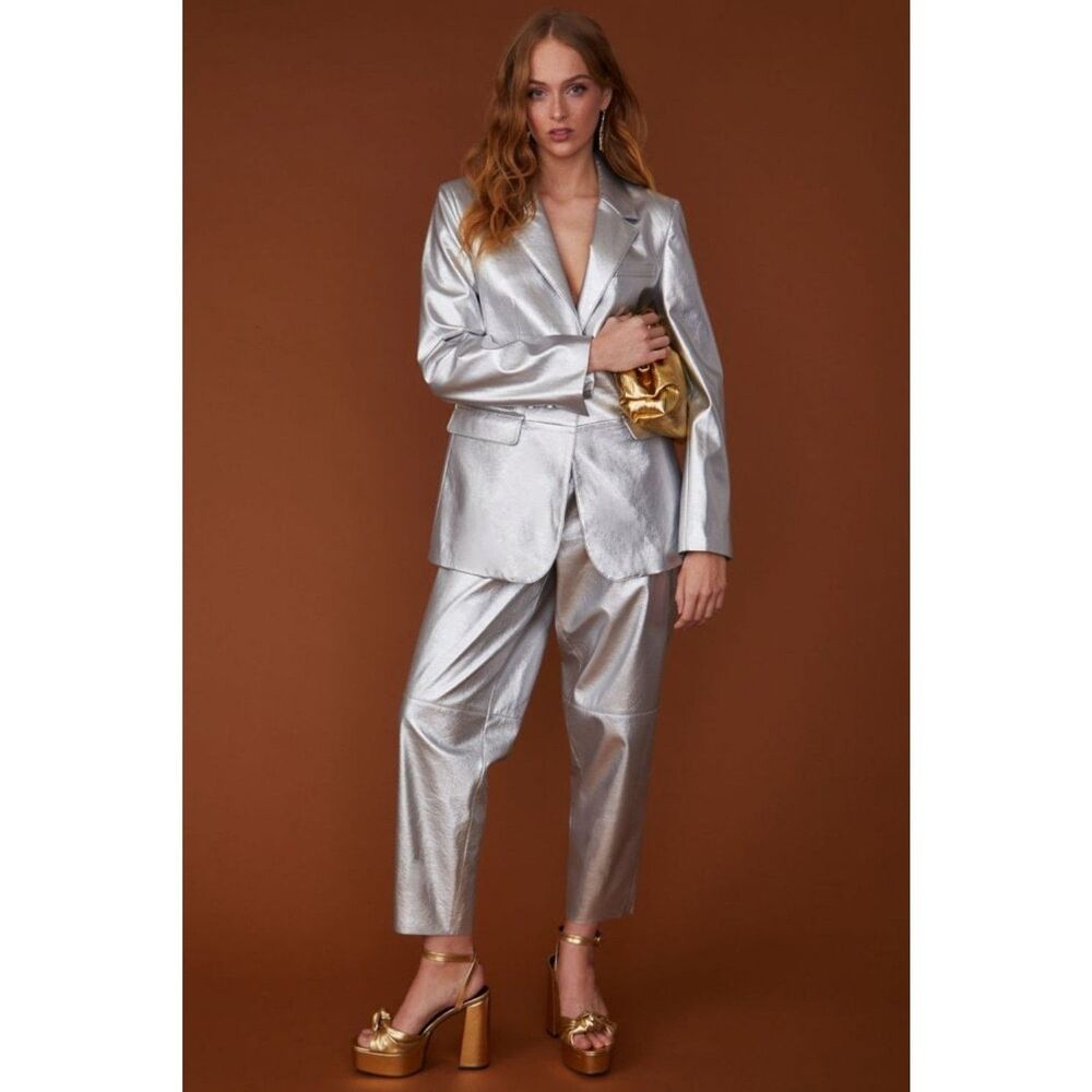 JAYLEY Silver Faux Leather Kate Blazer Jacket Metallic Vegan S/M US 4-8